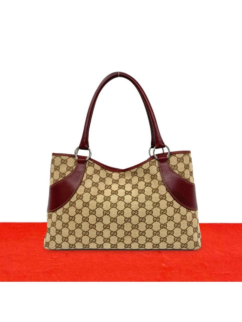 Gucci GG Logo Pattern Canvas Leather Tote Shoulder Bag Brown